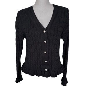 Cotton Emporium Black Cable Knit Cardigan Ruffle Trim Form Fitting Feminine NWOT